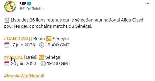 Aliou Cissé : Liste des Lions contre le Bénin et le Brésil 2 KERANOS MEDIA