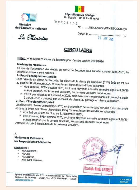 Orientation Scolaire 2025-2026 : Le Ministère de l'éducation du Sénégal précise les critères d'admission en seconde 2 KERANOS MEDIA